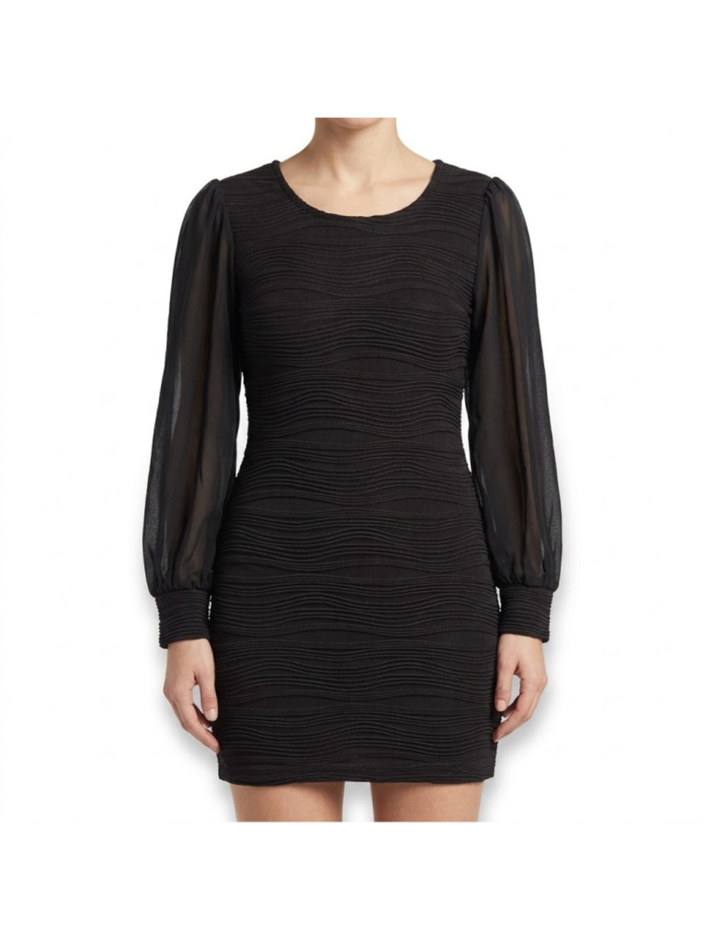 Black Textured Bodycon Mini Dress Sheer Long Puff Sleeve Womens